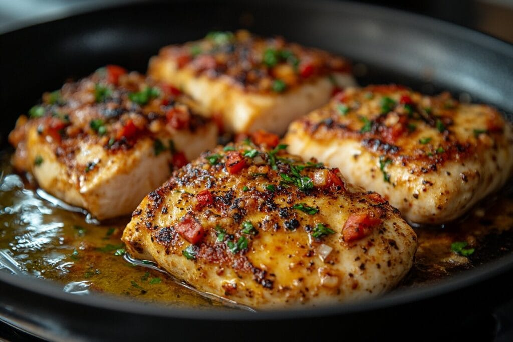 Breaded chicken breasts frying in a skillet, ready to be used in Chicken Parmigiana.