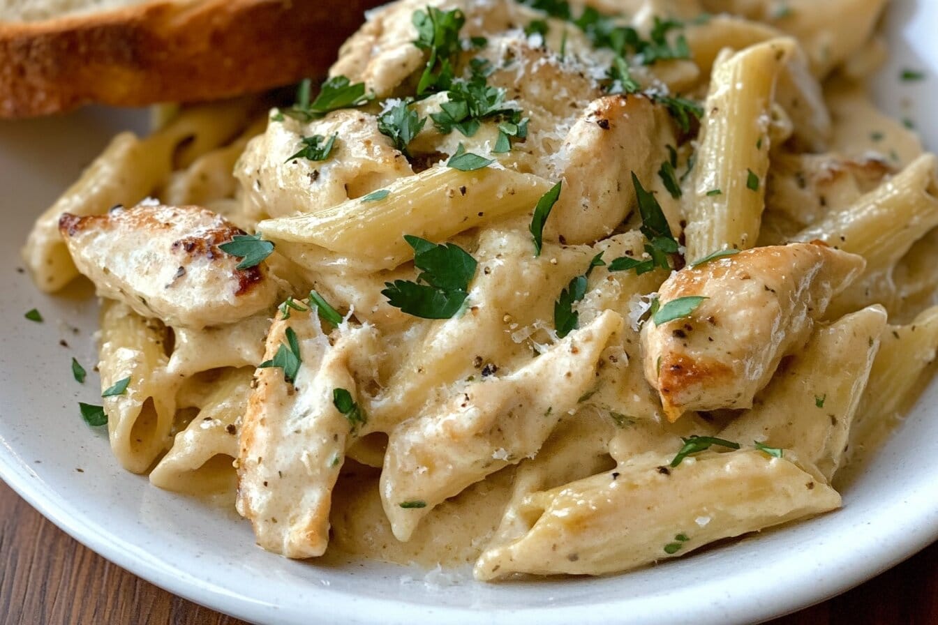 A steaming plate of garlic parmesan chicken pasta garnished with parsley.