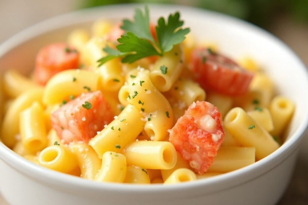 A baked mac and cheese topped with lobster and parsley in a white dish.