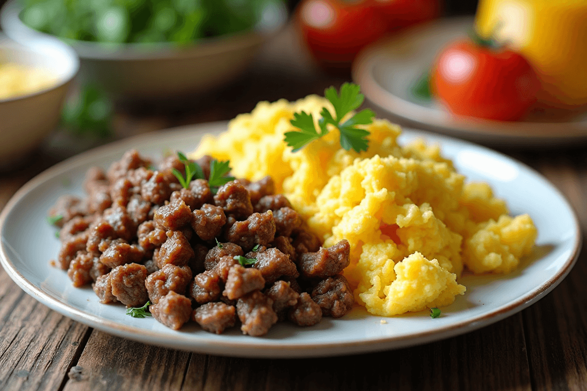 How many calories are in ground beef and scrambled eggs?