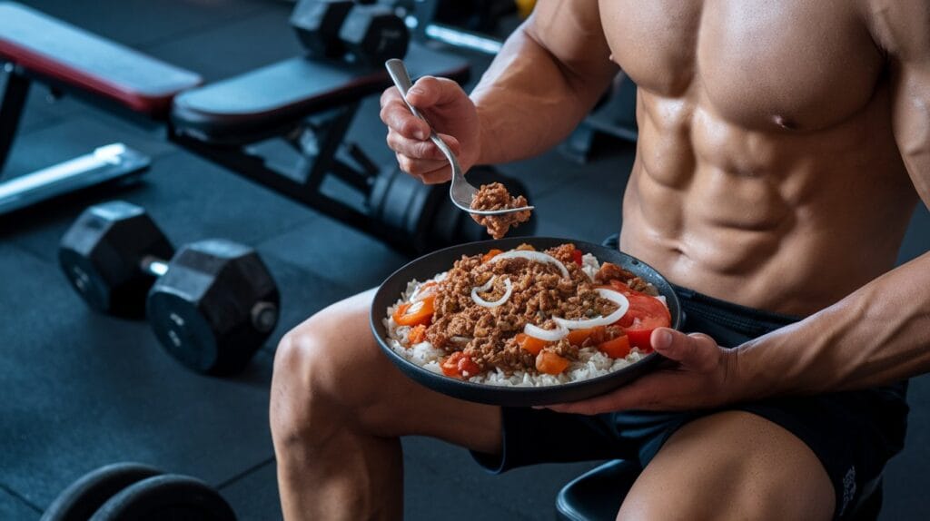 Athlete eating a high-protein ground beef meal