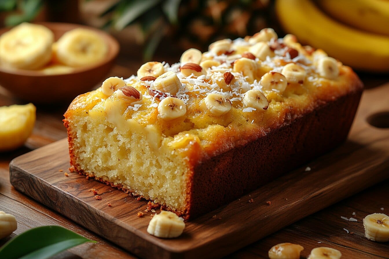 A freshly baked loaf of Hawaiian banana bread on a wooden cutting board surrounded by tropical fruits