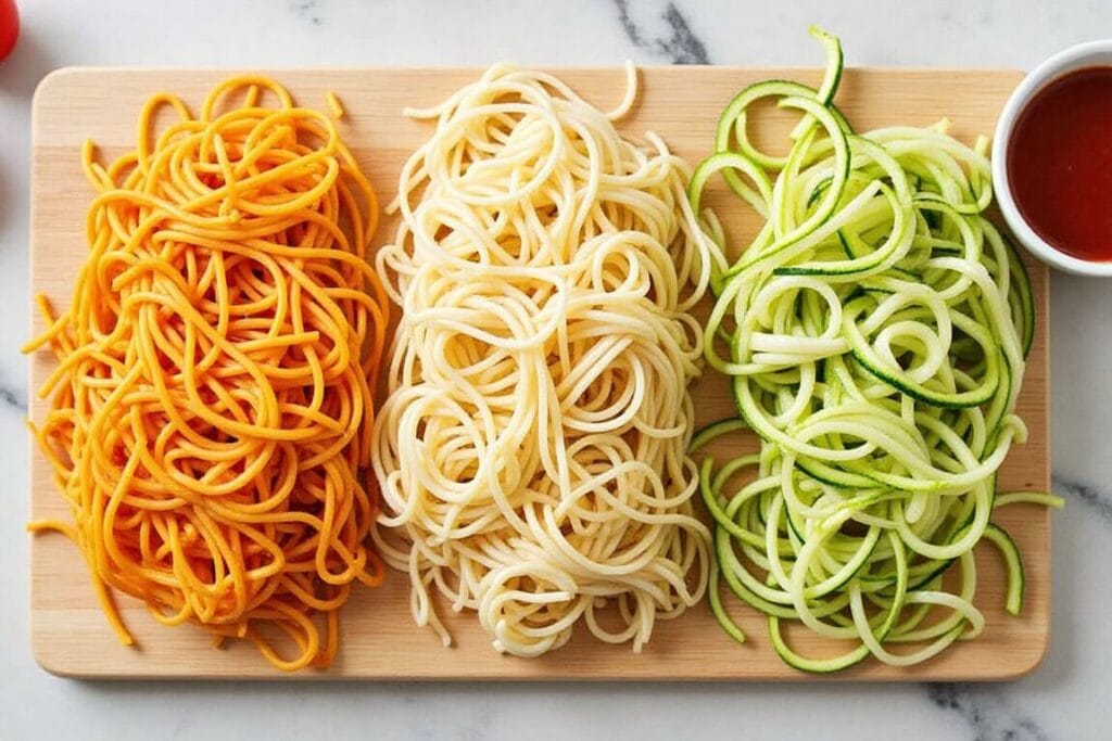 Whole-grain noodles and zucchini noodles as alternatives to traditional yakisoba noodles.
