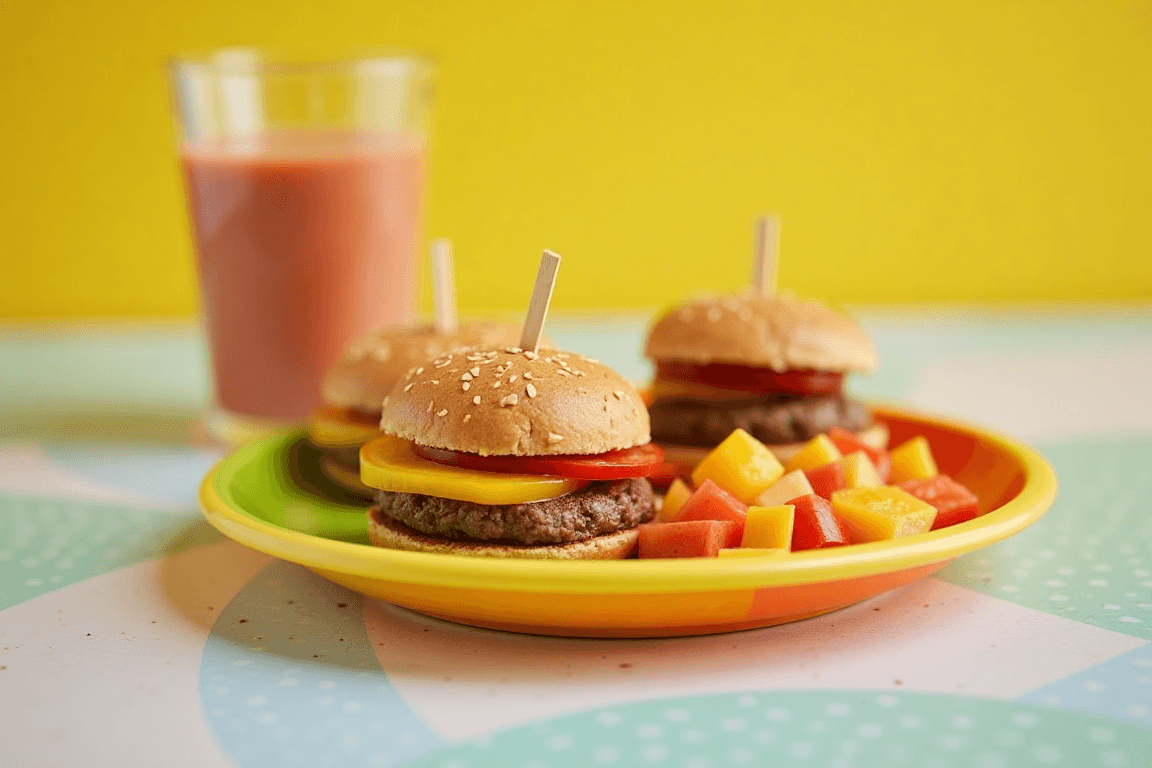 A vibrant toddler lunch plate with colorful veggies, mini sliders, and a fruit smoothie