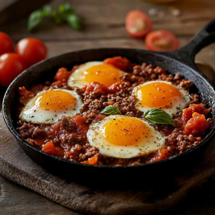A rustic cast iron skillet filled with ground beef in tomato sauce, topped with four sunny-side-up eggs and garnished with fresh basil leaves.