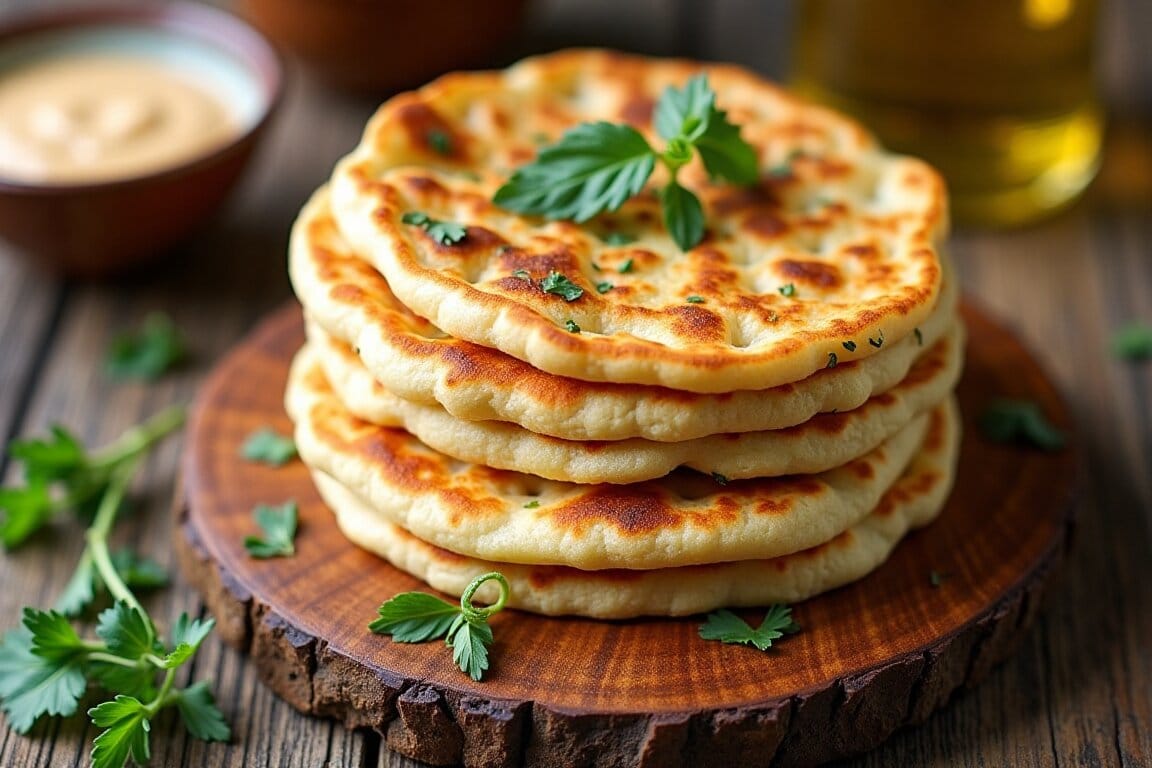 Freshly made cottage cheese flatbread on a wooden board