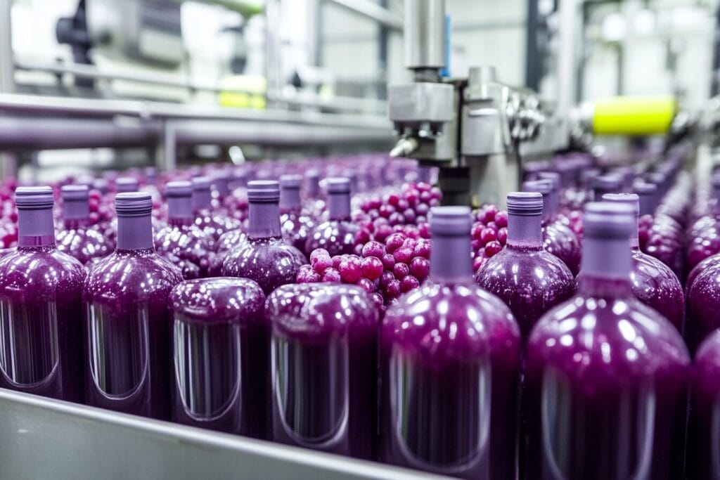A modern juice factory showing the process of pressing grapes and bottling, with a focus on Concord grape juice production
