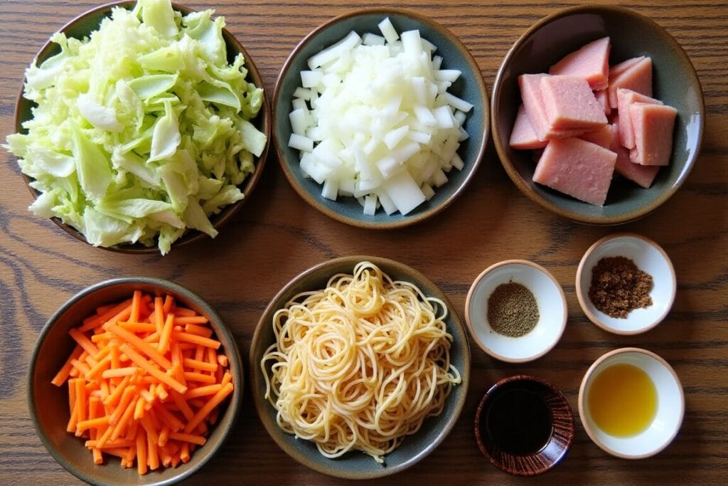 Yakisoba ingredients laid out, including noodles, sauce, vegetables, and garnishes