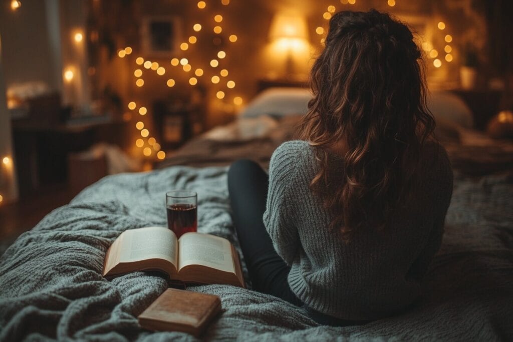 A cozy bedtime scene with a glass of Concord grape juice on a nightstand, warm lights, and an open book promoting relaxation