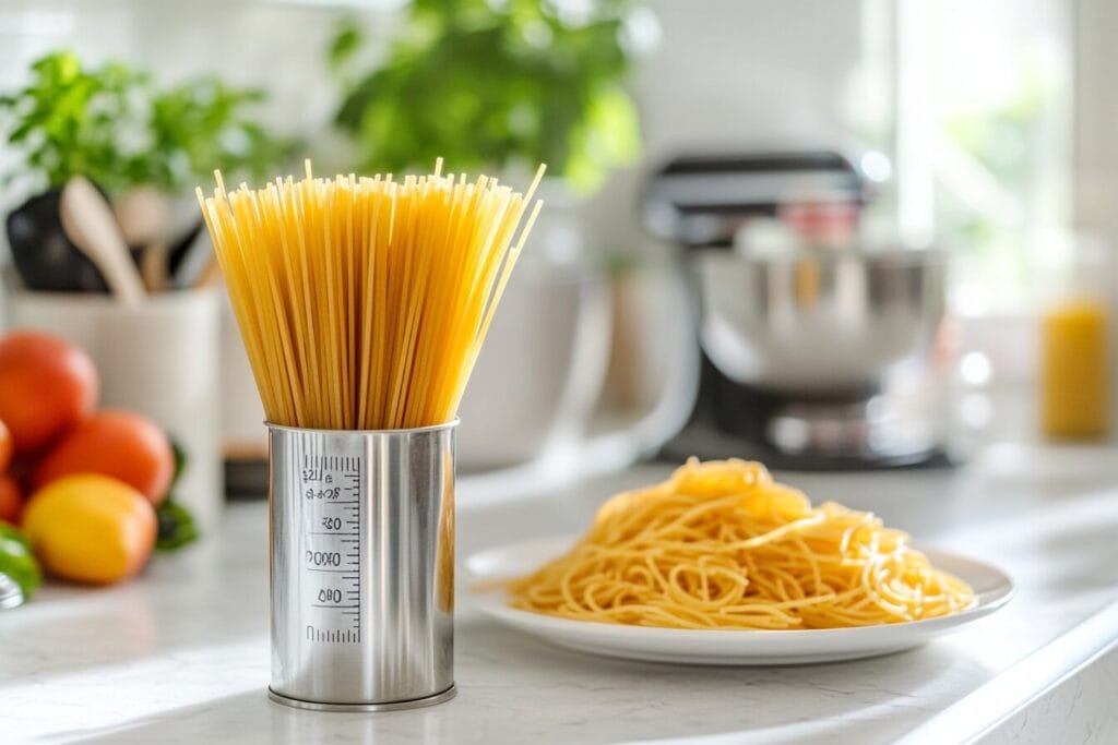 A measuring cup filled with dry pasta alongside a kitchen scale.