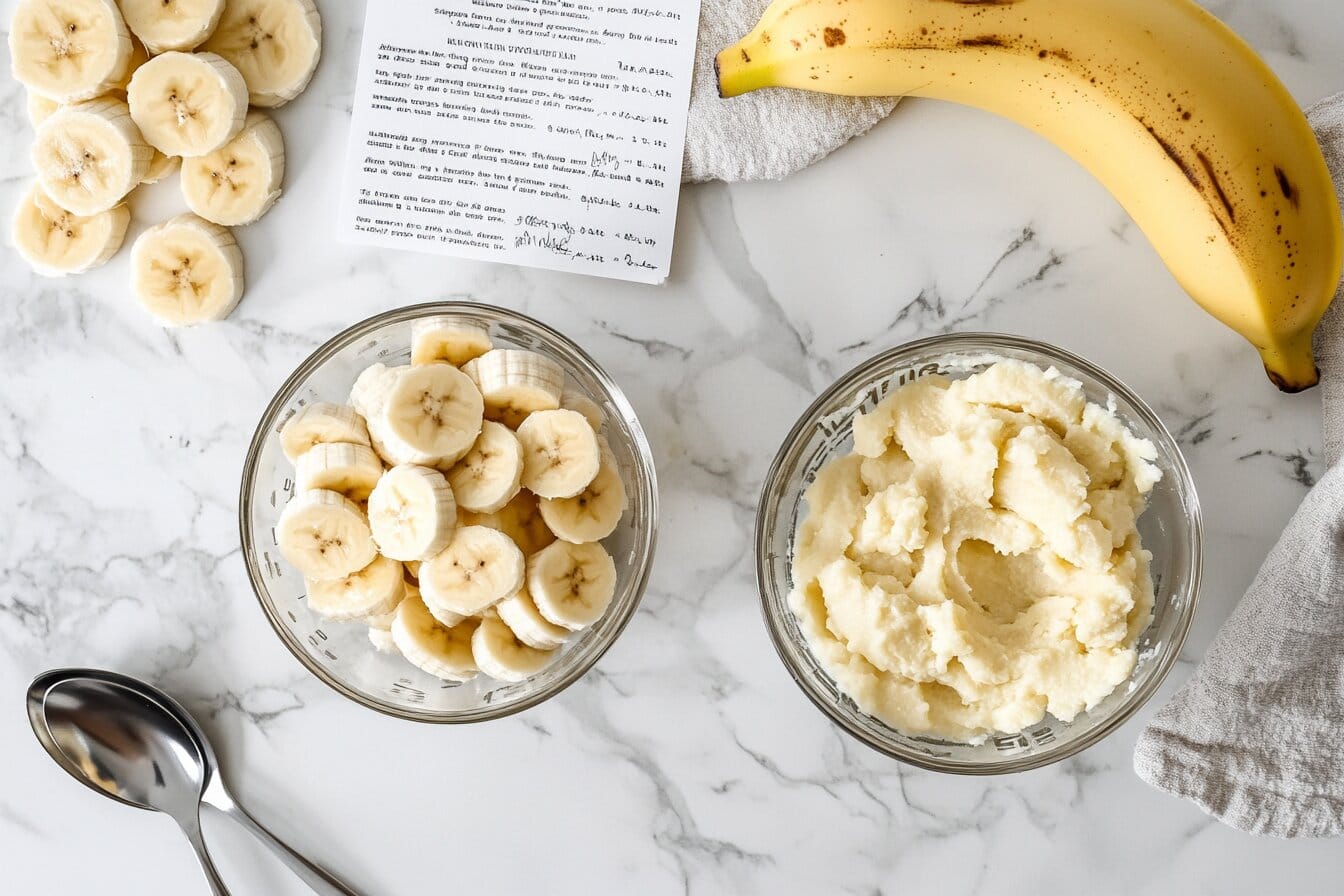 Sliced and mashed bananas in measuring cups