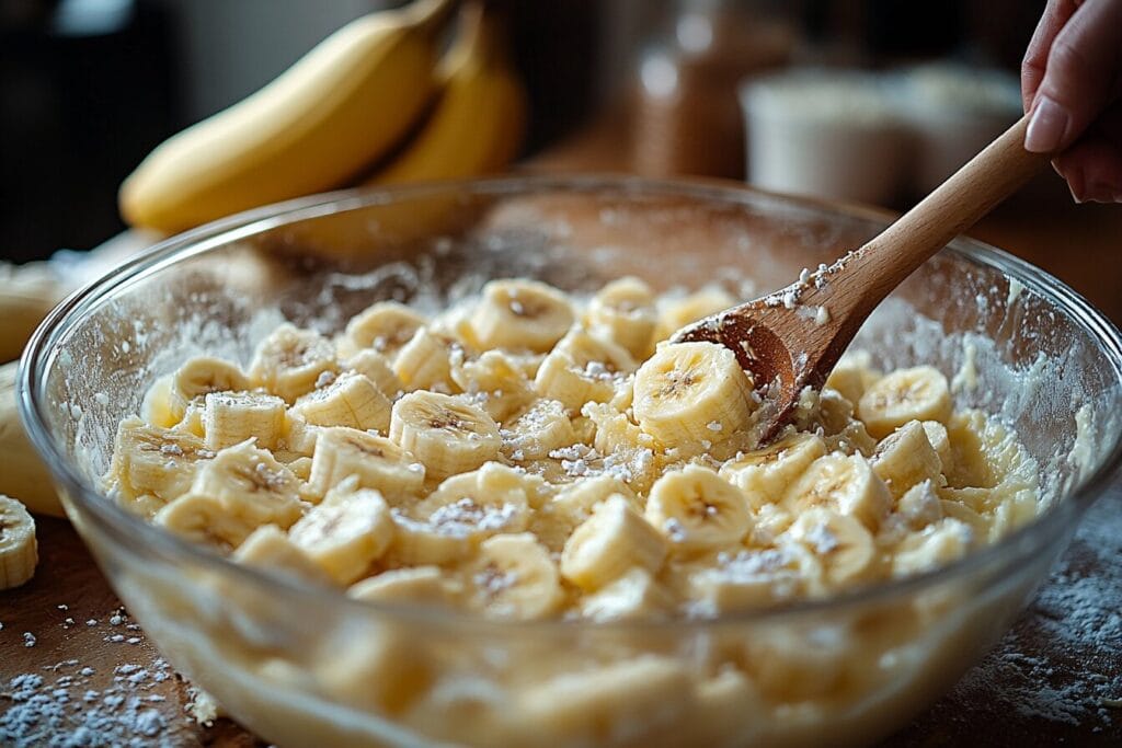 Banana bread batter being mixed in a bowl