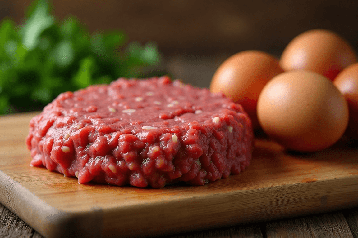 A side-by-side comparison of raw ground beef and fresh eggs.