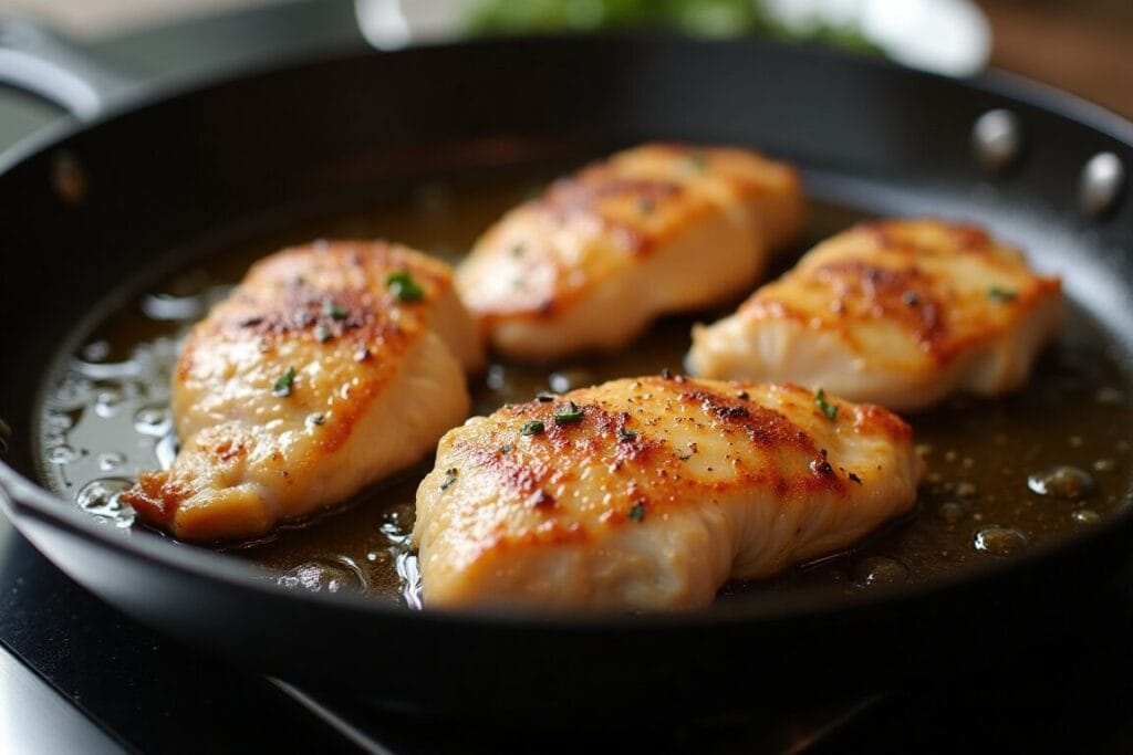 Chicken being pan-seared in a skillet on the stove.
