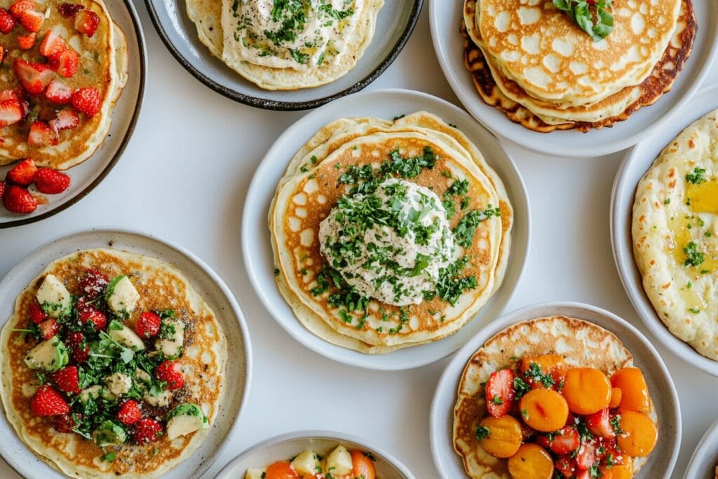Different pancake styles, including savory pancakes, vegan pancakes, and gluten-free pancakes.