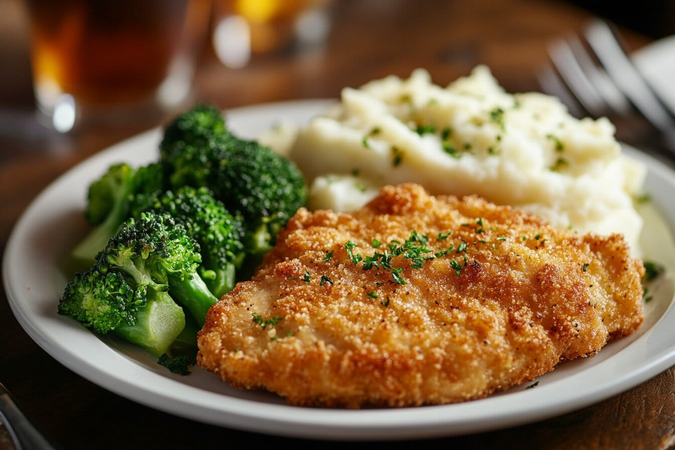 A plate of Longhorn Steakhouse Parmesan Crusted Chicken with mashed potatoes and broccoli.