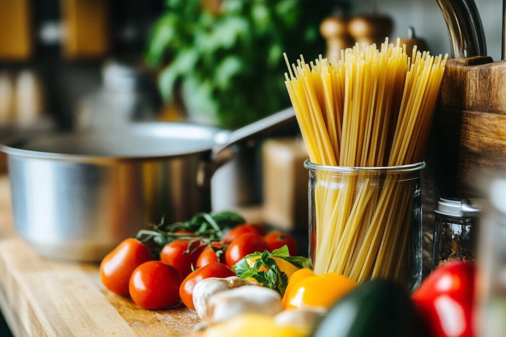 Small portions of dry pasta set aside for a soup recipe.