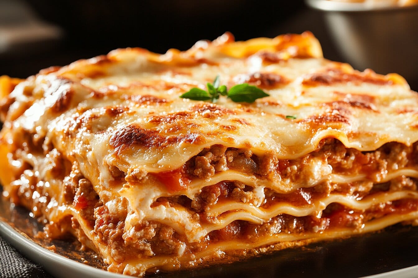 A freshly baked Barilla lasagna with golden cheese on top.