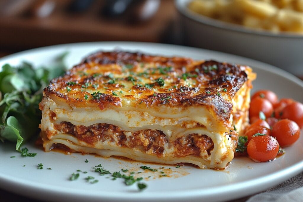 Close-up of a perfectly baked lasagna slice with golden-brown cheese on top.