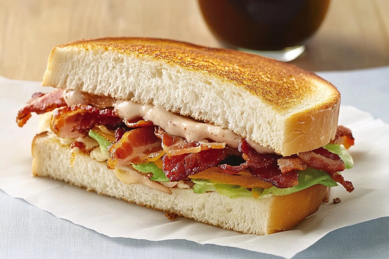 Turkey bacon sandwich with crispy bacon, lettuce, tomatoes, and mayo on toasted sourdough bread.