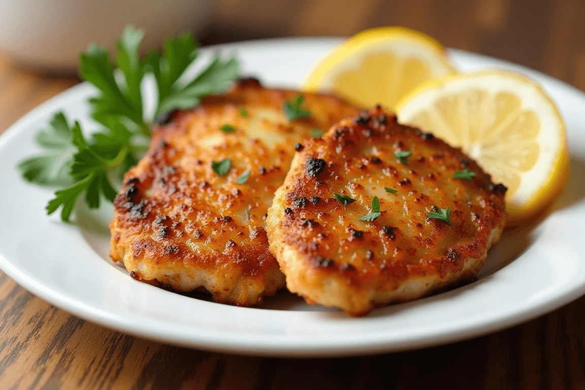 Baked chicken cutlets on a plate with a garnish of parsley