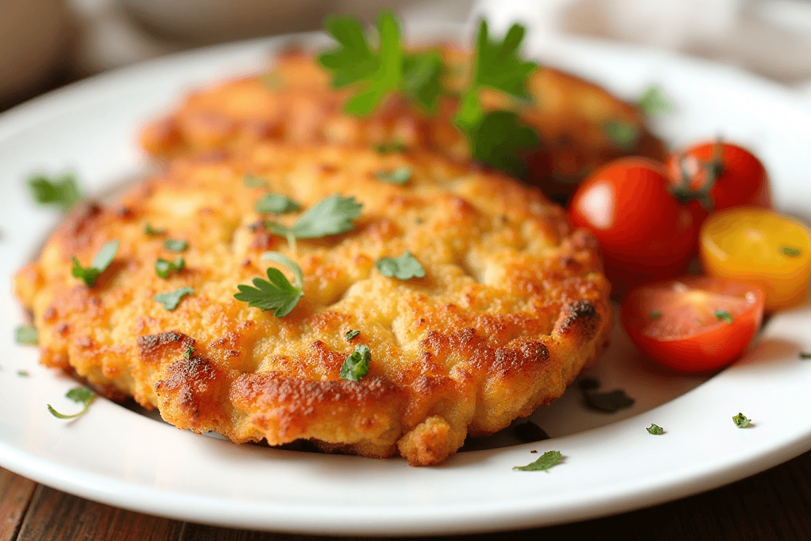 Crispy baked chicken cutlets served on a plate with a side of vegetables.