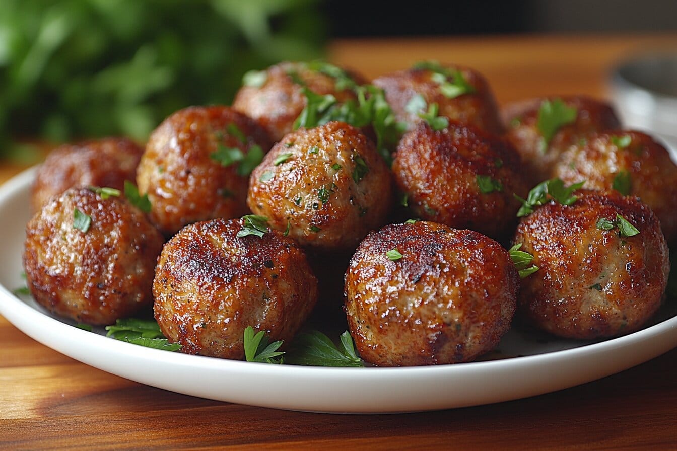 Frozen Meatballs in Air Fryer:A plate of crispy golden-brown frozen meatballs cooked in an air fryer, garnished with parsley.