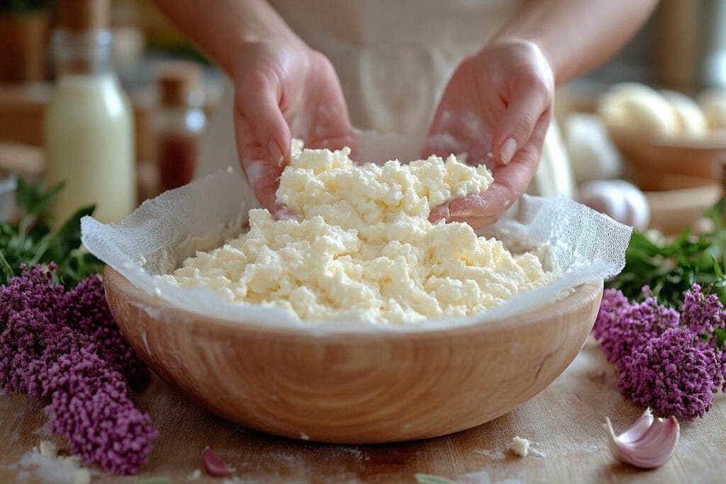 Straining cottage cheese through a cheesecloth.