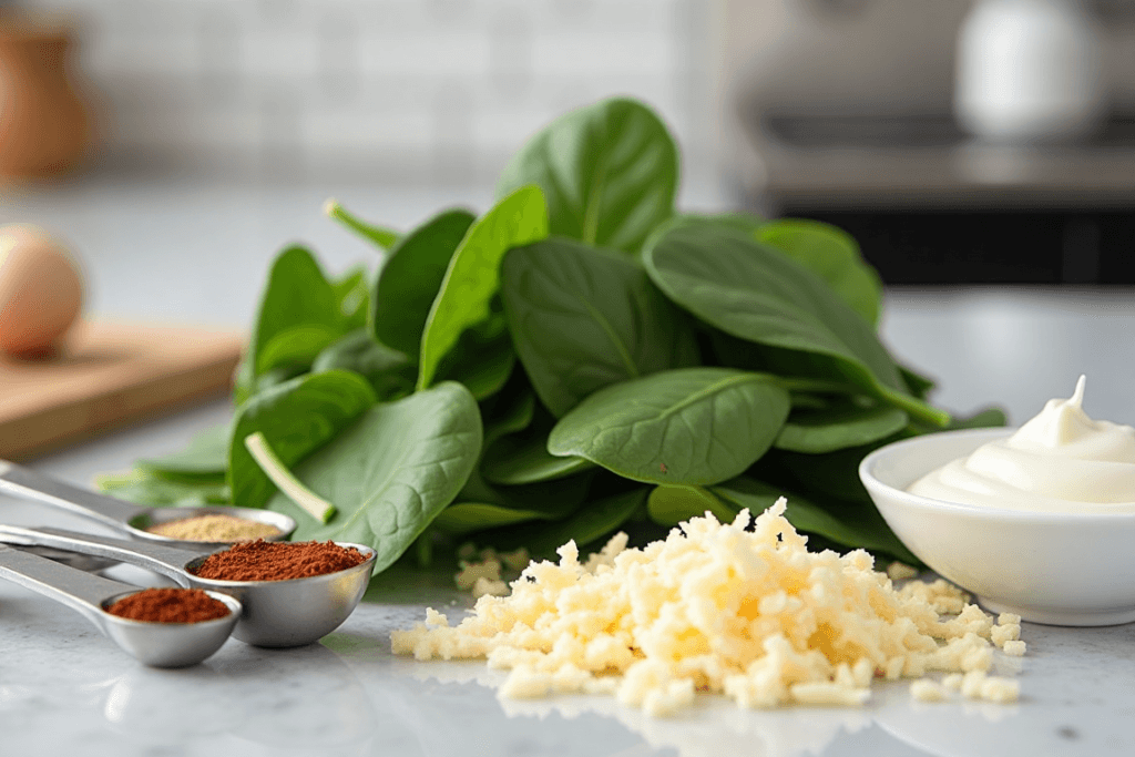 Ingredients for spinach dip, including fresh spinach, cream, and cheese, measured and arranged neatly on a kitchen counter.