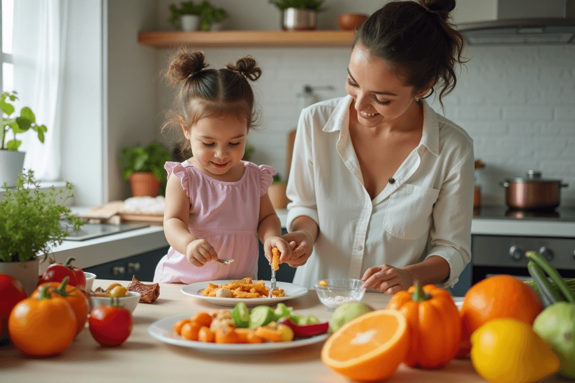 A parent and toddler cooking together in a kitchen, surrounded by fresh vegetables and fruits, emphasizing healthy meatless lunch ideas