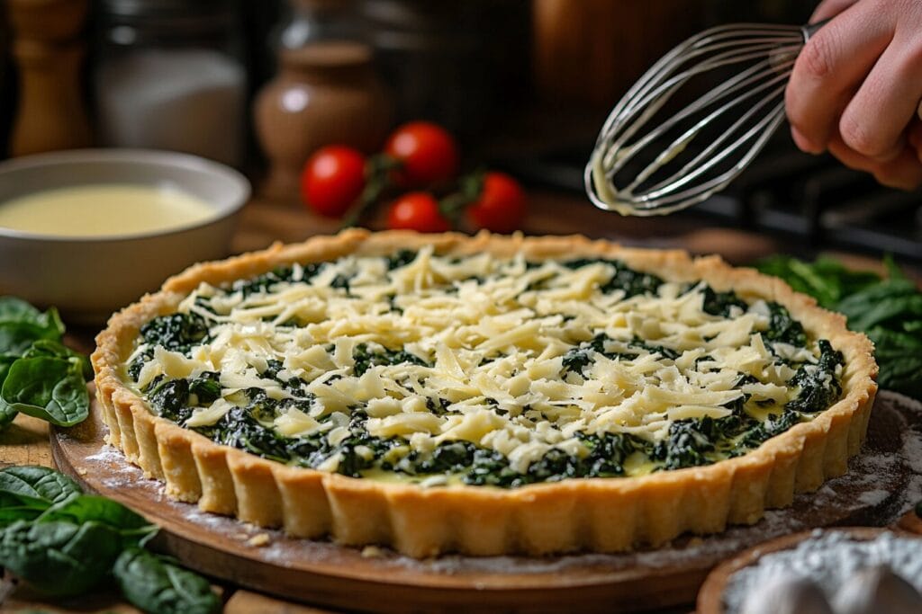 A rolled-out quiche crust being placed into a tart pan.
