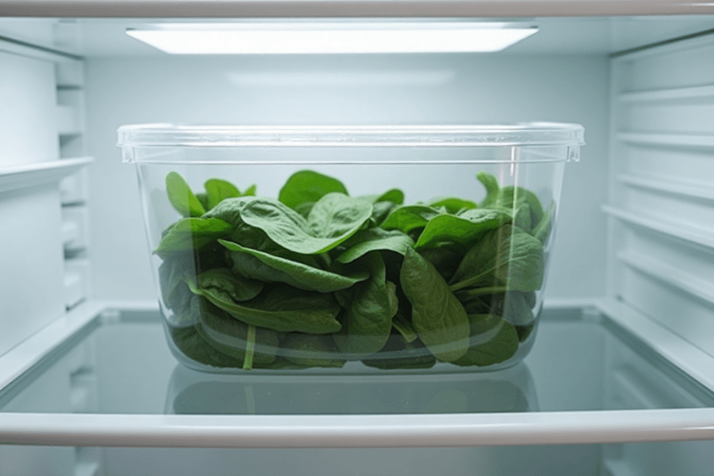 Airtight container filled with leftover canned spinach