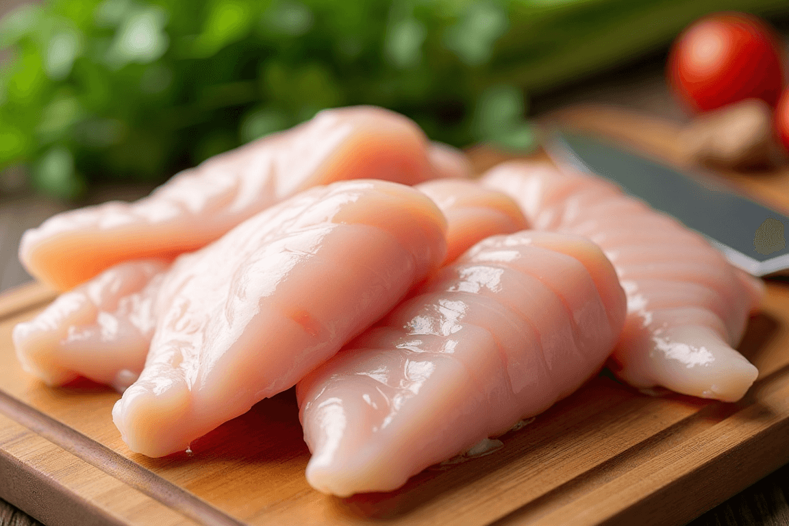 Raw chicken breasts being sliced into thin cutlets on a cutting board