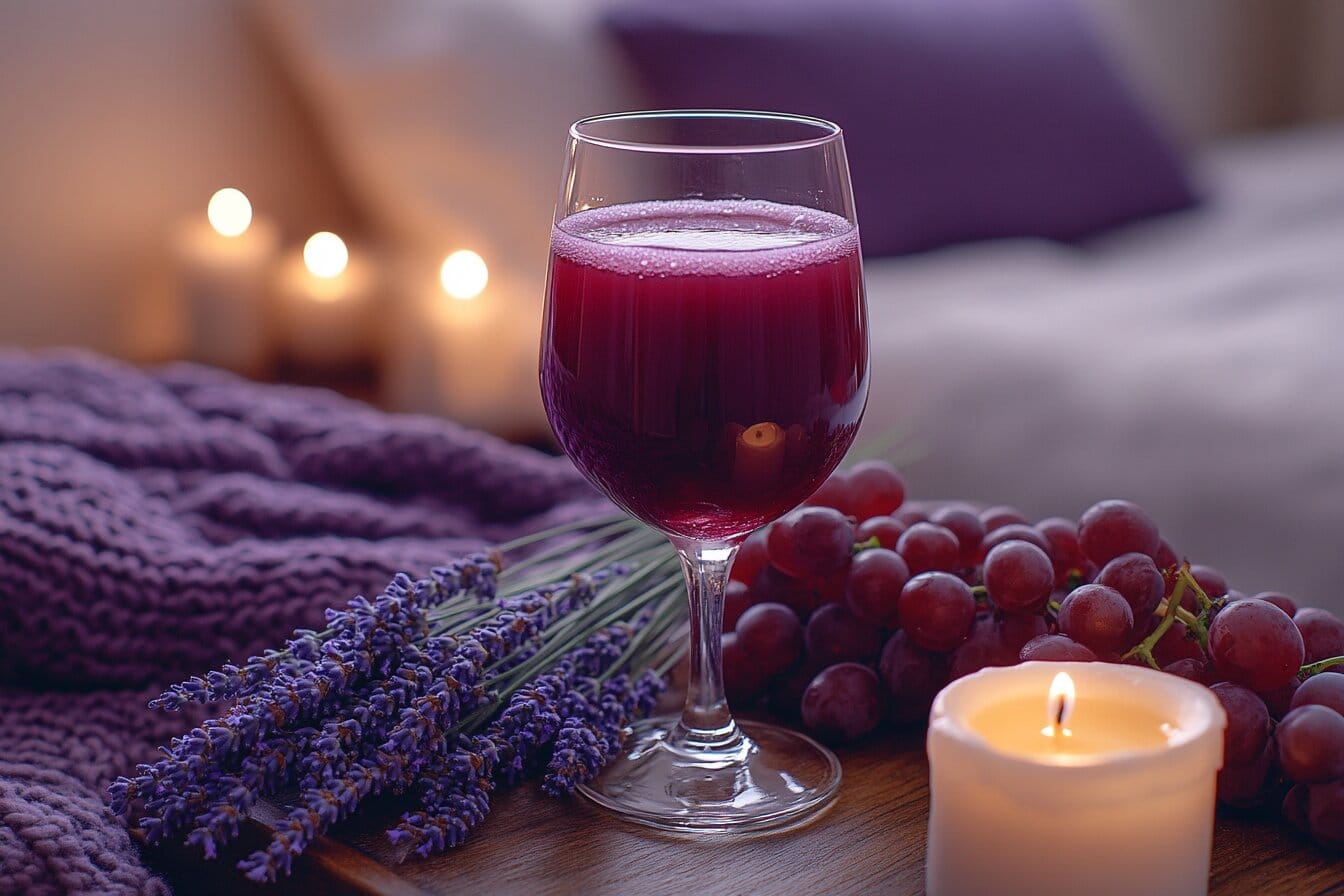 A glass of Concord grape juice on a bedside table with candles and lavender, creating a soothing and sleep-friendly atmosphere.