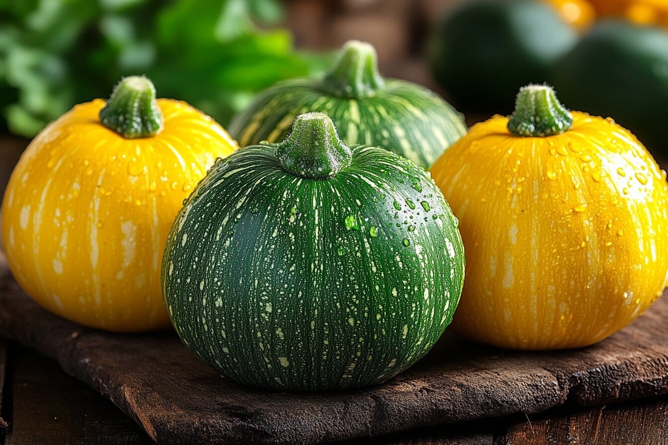 Spaghetti squash in various ripening stages from green to yellow.