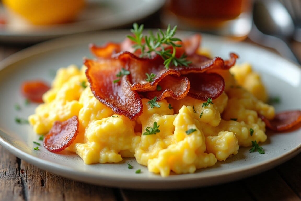 Scrambled eggs with bacon and herbs on a plate