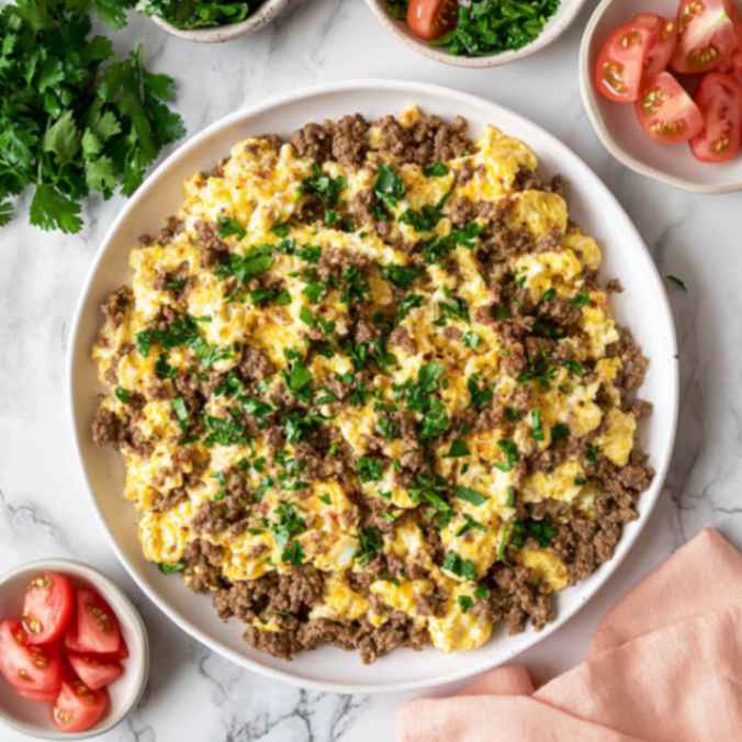 Scrambled Eggs With Ground Beef And Fresh Herbs.