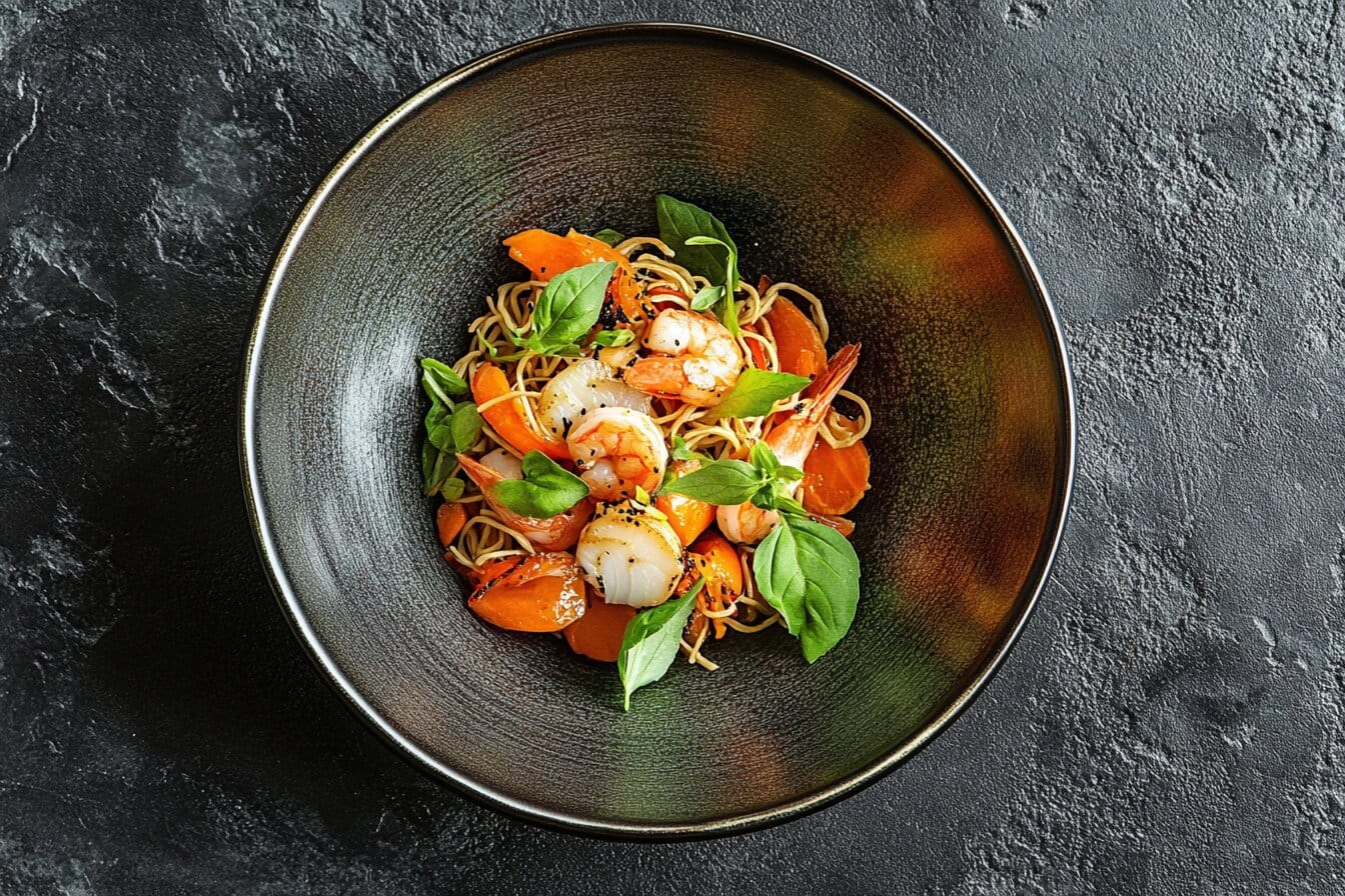 A seafood yakisoba variation with shrimp and scallops.