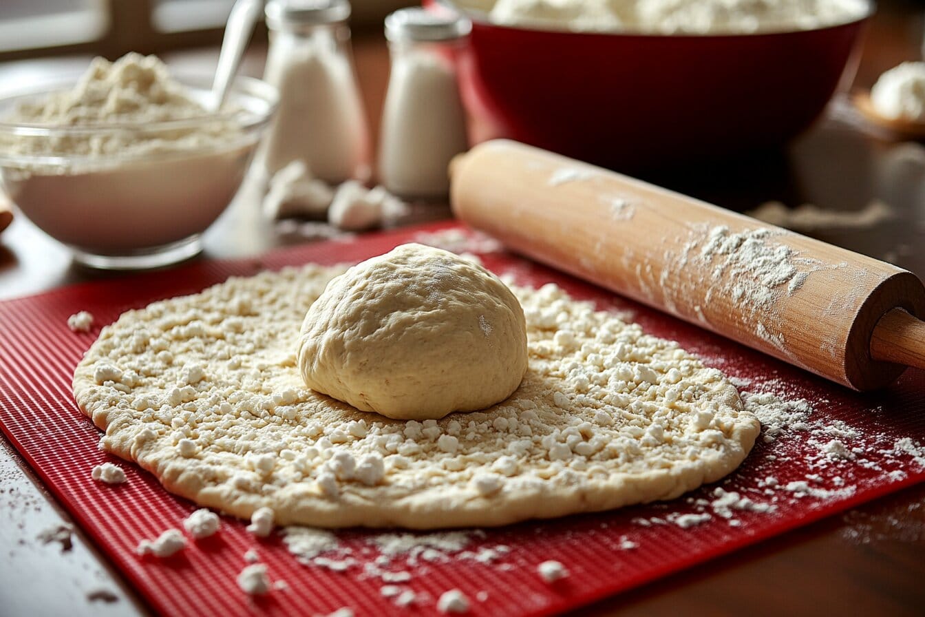 Dough being rolled out on a silicone mat.