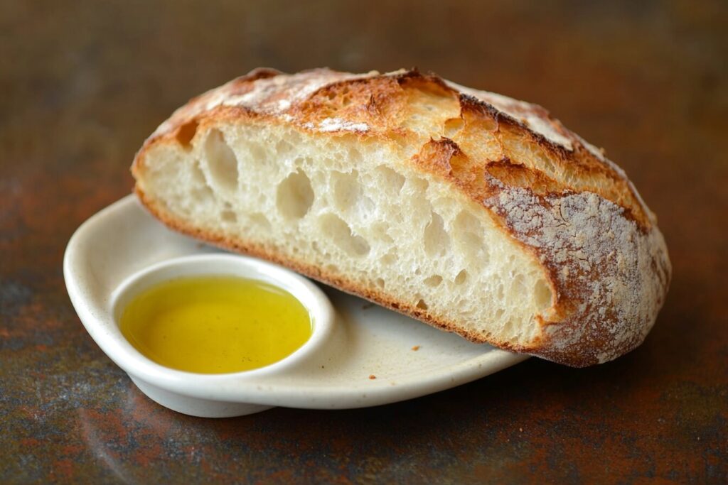 A slice of soft, golden bread with a tender crumb, alongside a small dish of olive oil.