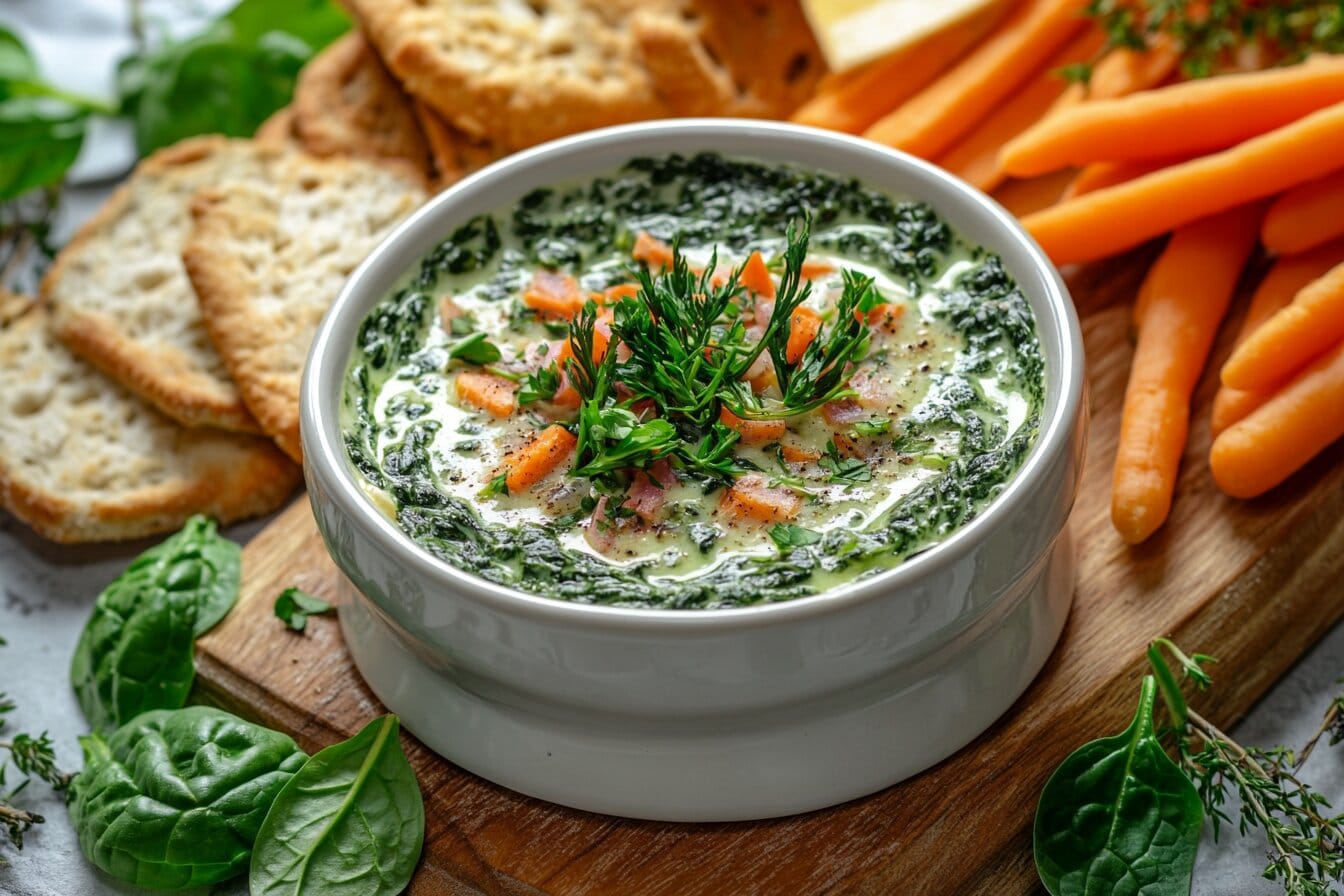 A beautifully styled spinach dip in a white bowl, garnished with spinach and surrounded by colorful dippers on a wooden board.