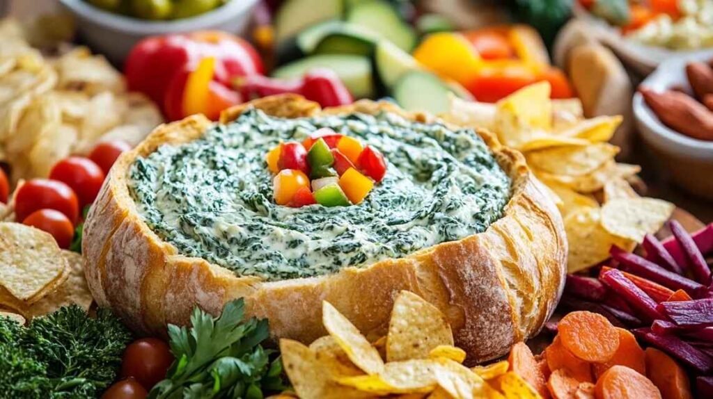 Spinach Dip Served In A Bread Bowl With Dippers