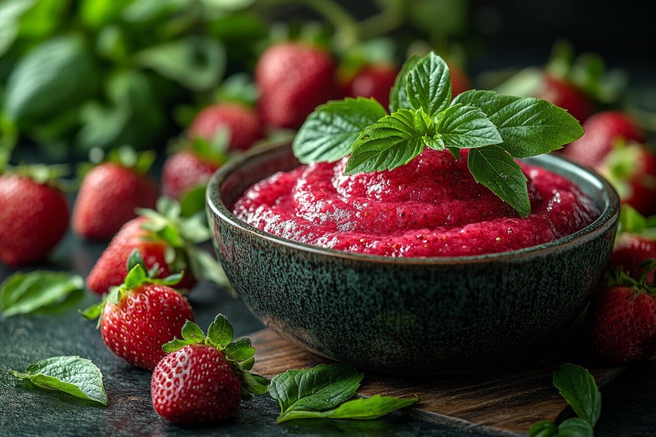 Bowl of fresh strawberry puree surrounded by whole strawberries. Title