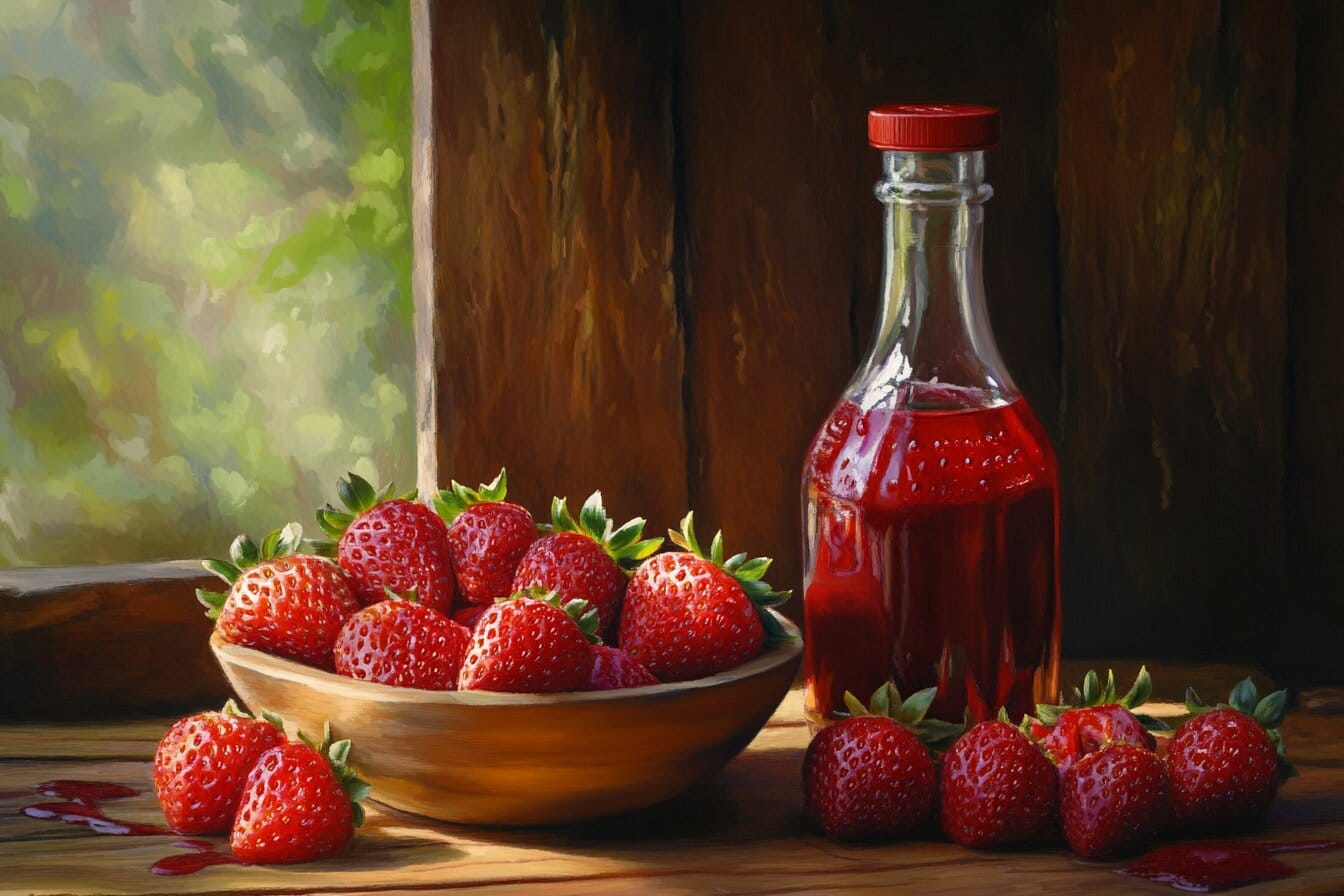 Strawberries with puree and syrup on a table