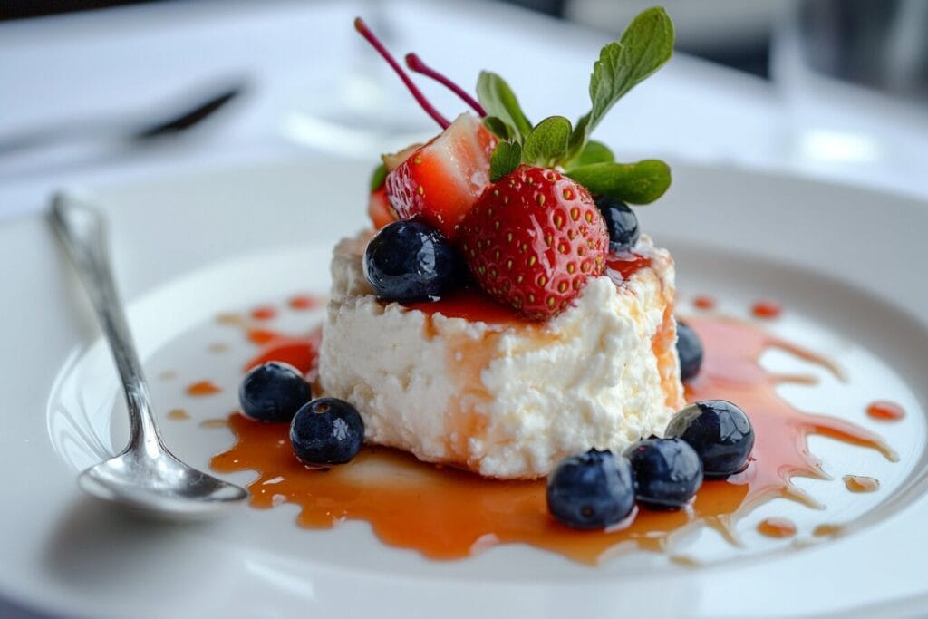 Cottage cheese topped with fresh berries and a drizzle of honey.