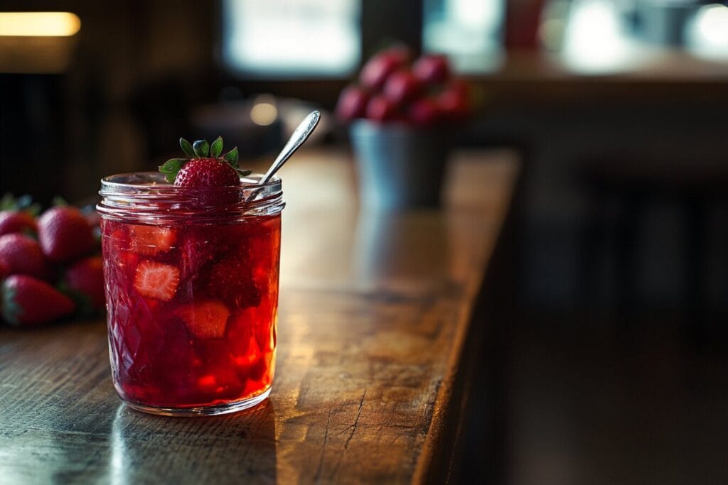 Strawberry syrup in a glass jar with a spoon