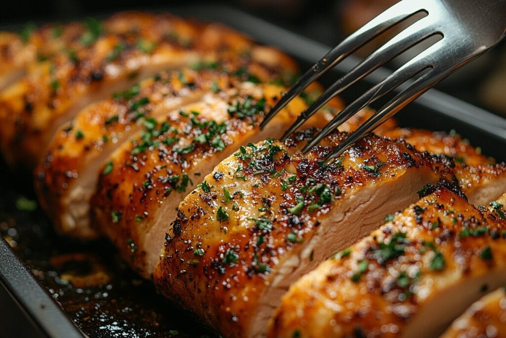 Fork cutting into baked and boiled chicken to show texture differences.