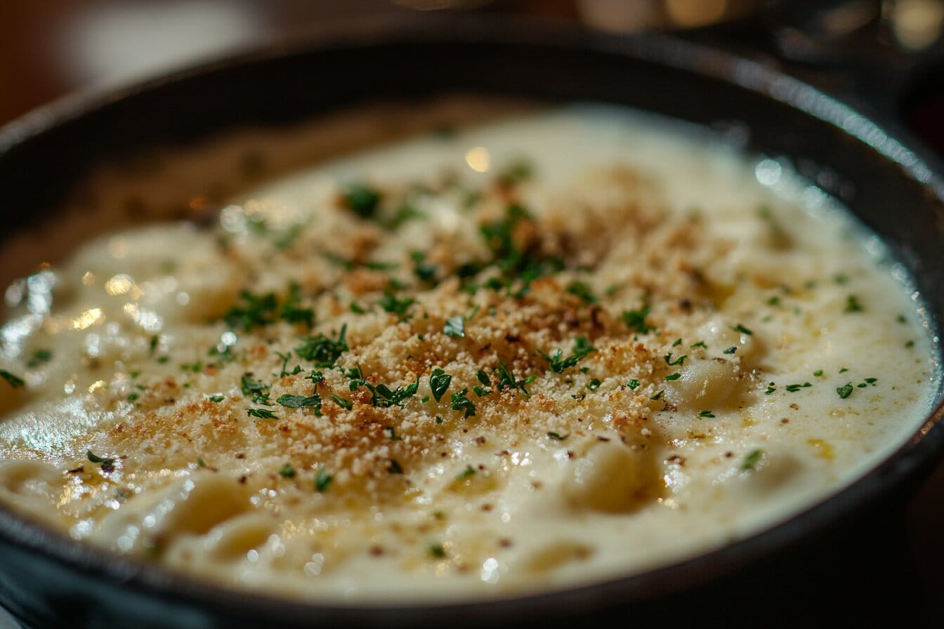 A close-up of creamy mac and cheese topped with breadcrumbs in a cast-iron skillet