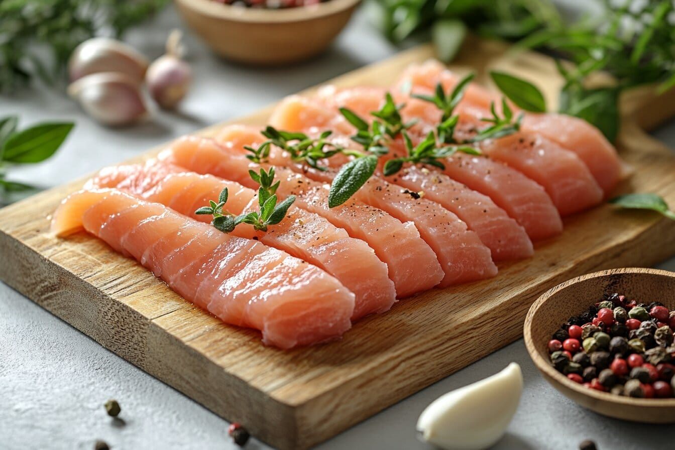 Raw thin-sliced chicken breast arranged on a cutting board