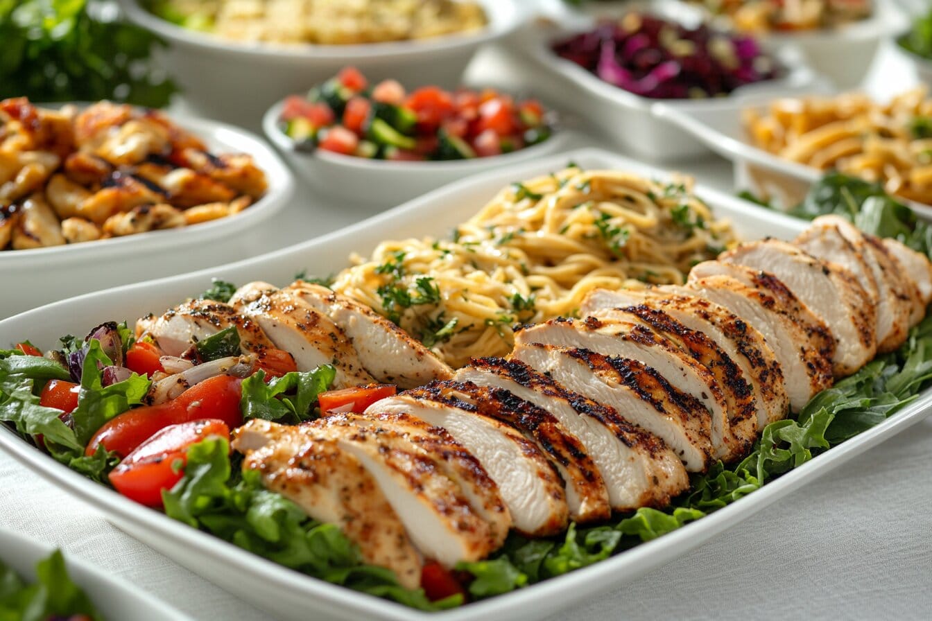 Thin-sliced chicken breast dishes arranged on a table